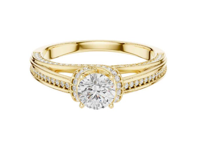 Round Moissanite Diamond with Triple Row Pave Band Vintage Inspired Halo Design Dainty Elegant Bridal Ring Classic Proposal Anniversary Ring