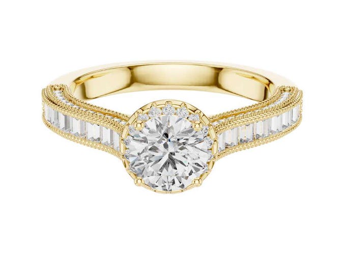 Stunning Round Cut Moissanite Ring Art Deco Gold Bridal Ring with Hidden Halo and Baguette Side Stones Vintage Inspired Engagement Ring