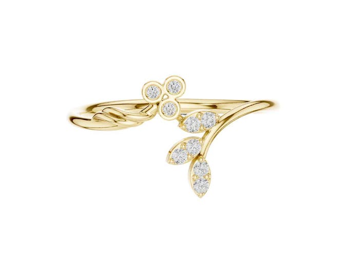 Floral Round Moissanite Open Ring Dainty Diamond Leaf and Flower Ring Nature Inspire Adjustable Ring Elegant Minimalist Jewelry Gift for Her