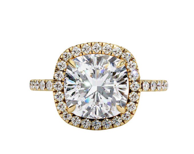 Luxury Cushion Cut Moissanite Halo Ring in Yellow Gold with Pave Band Elegant Solitaire Bridal Jewelry Vintage Inspired Wedding Ring for Her