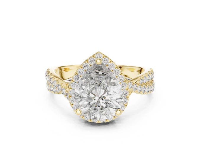 3.16 TCW Gold Pear Halo Diamond Ring Double Band Statement Ring Elegant Bridal Jewelry Luxury Engagement Gift Fine Custom Ring
