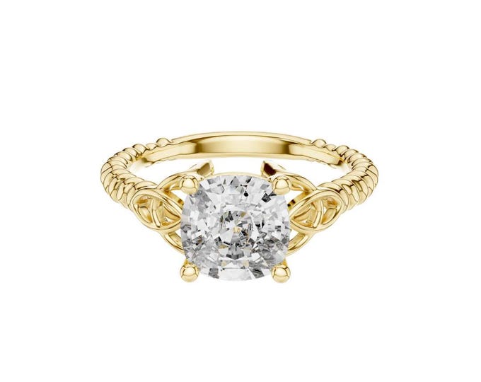 Vintage Inspired Cushion Cut Solitaire Engagement Ring in Gold with Intricate Filigree Band Elegant Classic Bridal Jewelry Statement Piece