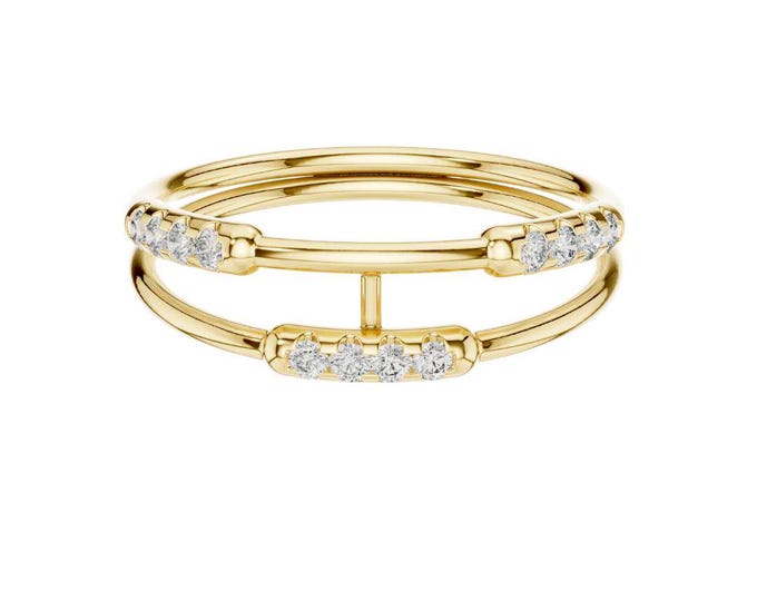 Gold Round Moissanire Double Band Ring with Accents Dainty Open Bar Ring 14K Gold Plated Stacking Ring Modern Minimalist Jewelry for Her