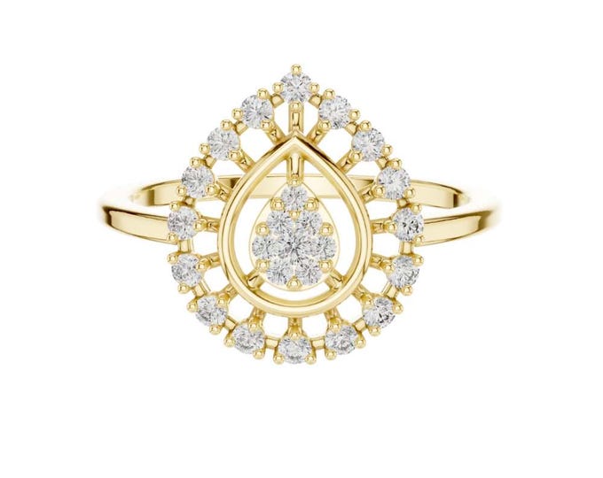 Timeless Teardrop Halo Diamond Ring in Gold Pear Cut Cluster with Double Halo Setting Elegant Statement Bridal and Anniversary Jewelry