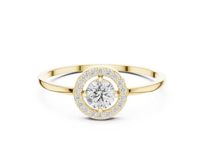 Dazzling Round Halo Moissanite Diamond Engagement Ring in Gold Dainty Solitaire Ring with Accent Stones Elegant Bridal Jewelry Gift for Her
