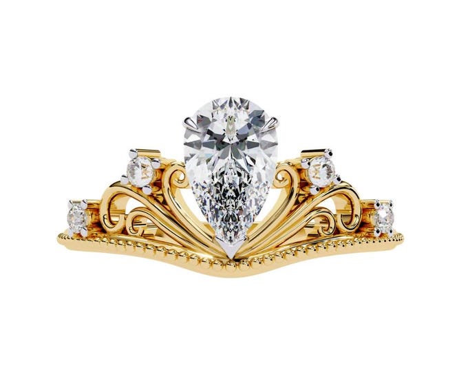 Shiny Engagement Ring in Yellow Gold with Vintage Filigree Unique Bridal Jewelry Elegant Pear Cut Moissanite Wedding Gift for Her
