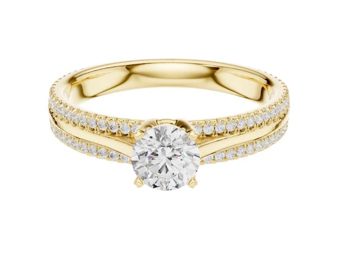 Round Cut Solitaire Moissanite Diamond with Double Row Pave Band Classic Bridalset Ring Handcrafted Proposal Ring Timeless Fine Jewelry Gift