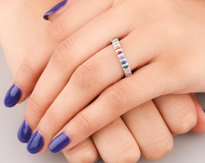 Elegant  1.77 CT Rainbow Baguette Eternity Band with Sparkling White Accents Colorful Multistone Statement Ring in Sterling Silver