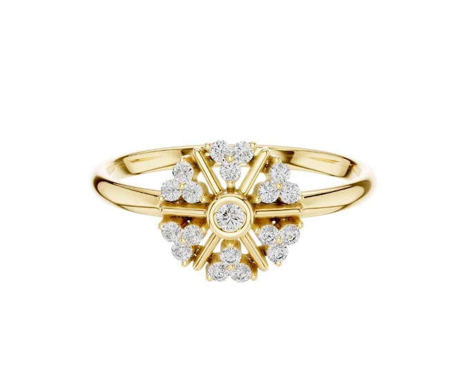 Gold Diamond Flower Ring Double Band Floral Engagement Ring Dainty Cluster Ring for Women Delicate Promise Ring Unique Fine Jewelry
