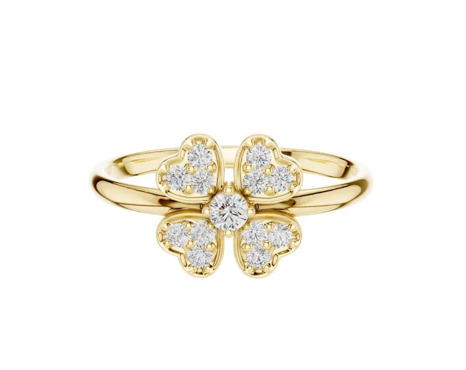 Gold Clover Diamond Ring 14K Yellow Gold Four-Leaf Floral Ring, Dainty Lucky Clover Promise Ring, Handmade Diamond Cluster Jewelry for Women