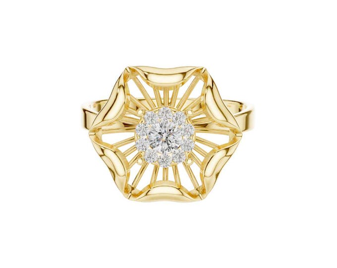 Floral Round Moissanite Statement Ring with Center Vintage Style Openwork Ring 14K Gold Plated Elegant Cocktail Party Ring Gift for Her