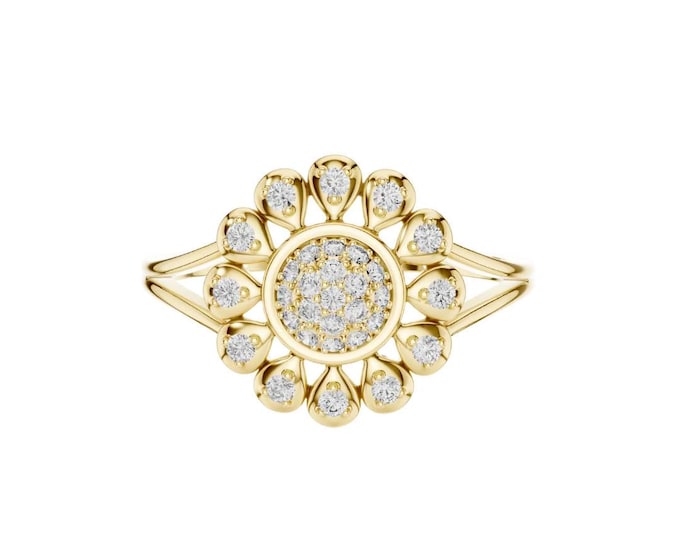Stylish Petal Halo Ring Gold Plated Floral Design Ring Dainty Circle Ring Boho Statement Jewelry Unique Gift Handmade Celestial Inspire Ring