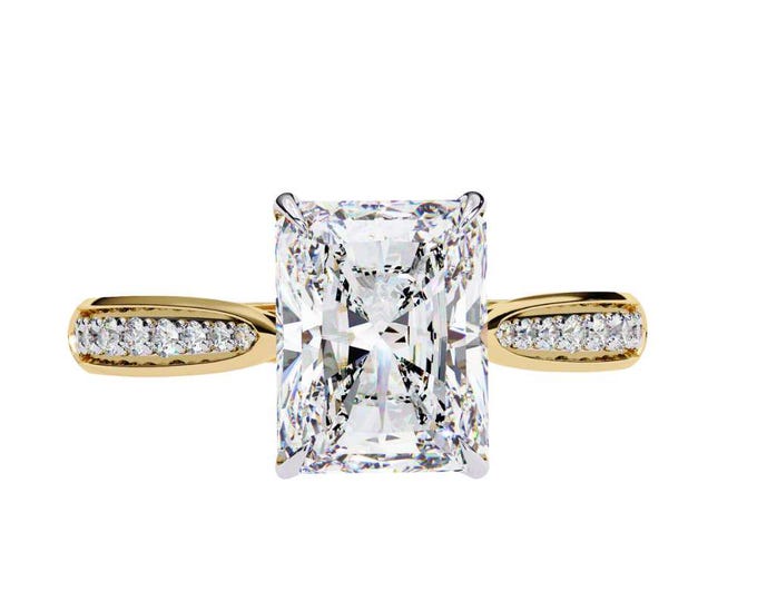 Rectangular Solitaire Ring Timeless Bridal Radiant Cut Moissanite Engagement Ring in Yellow Gold with Diamond Accented Band Elegant