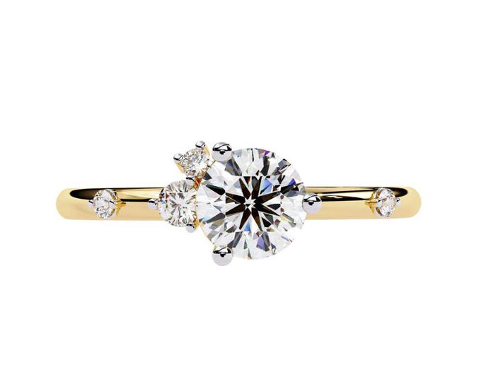 Gold Cluster Diamond Engagement Ring Dainty Asymmetrical Bridal Ring Minimalist Fine Jewelry Unique Anniversary Gift for Her