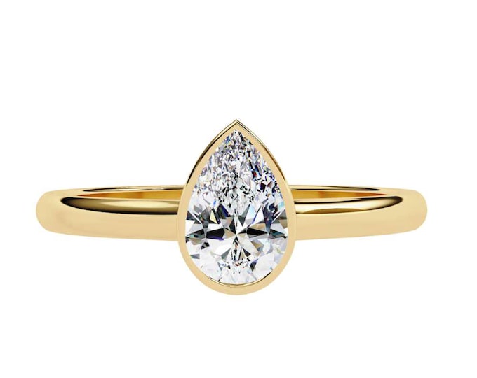 Handmade Pear Moissanite Engagement Ring: 14K Yellow Gold Bezel Solitaire