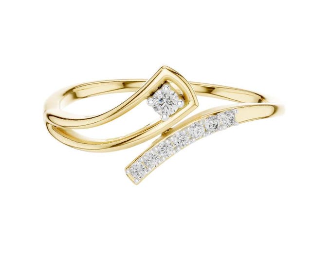 Elegant 14K Yellow Gold Bypass Diamond Ring Modern Open Twist Design with Round Brilliant Cut Accents Unique Promise Engagement Jewelry