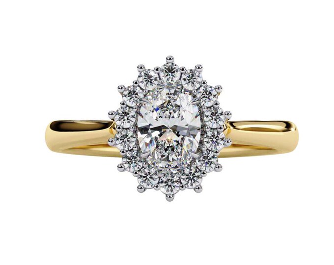 Glittering Oval Moissanite Engagement Ring in Yellow Gold Radiant Diamond Halo Design Timeless Heirloom Inspired Bridal Jewelry Gift