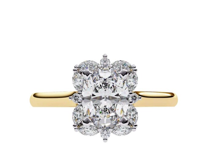 Oval 1.29 TCW Cluster Diamond Ring in Yellow Gold Vintage Inspired Floral Engagement Ring Unique Bridal Jewelry Anniversary Gift for Her