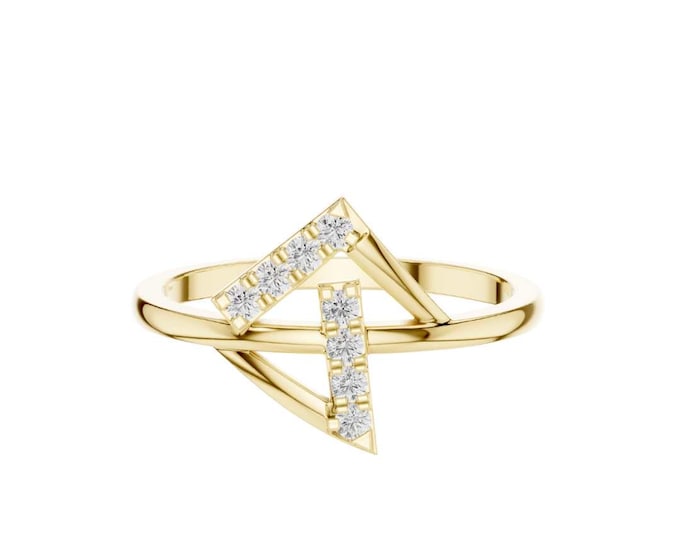 Classic Geometric Gold Ring with Diamonds Dainty Modern V Ring Minimalist Gold Stacking Ring Unique Gift for Her Contemporary Fine Jewelry
