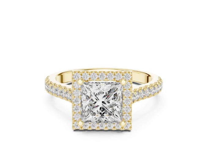 Amazing 1.96 TCW Princess Cut Halo Engagement Ring Gold Pave Diamond Band Elegant Square Solitaire Ring for Beautiful Girl