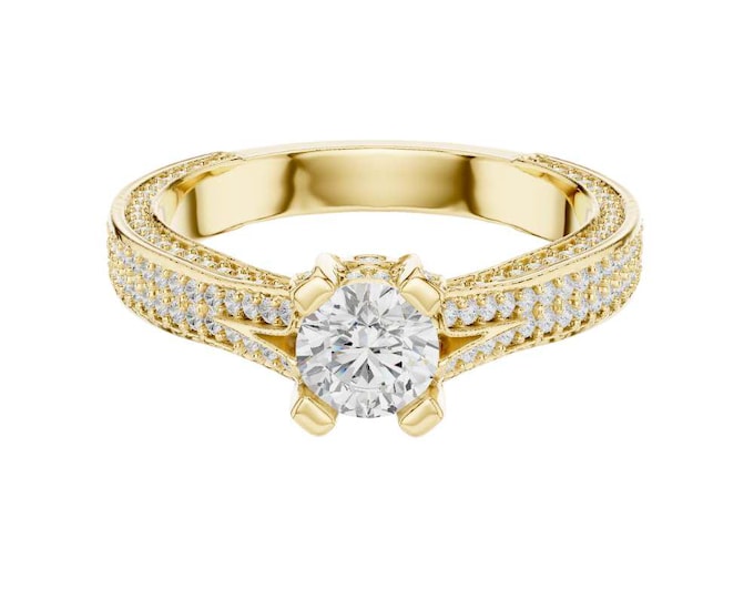 Vintage Moissanite Wedding Ring Double Row Pave Diamond Band Round Cut Solitaire Elegant Gold Bridal Ring Unique Wedding Ring for Her