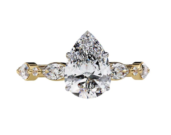 Pear Shaped Diamond Ring with Marquise Side Stones Elegant Teardrop Bridal Ring Unique Handmade Jewelry Dainty Vintage Inspired Ring for Her