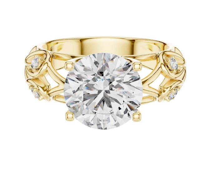 Vintage Inspired Floral Wedding Ring Round Cut Moissanite Solitaire Gold Leaf Detail Wedding Ring Unique Nature Bridal Jewelry for Her