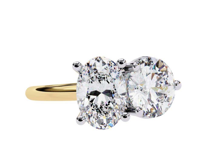 3.32 TCW Two Stone Diamond Ring Oval and Round Cut Diamonds with Gold, Silver, Rose Gold Band Modern Luxury Ring Unique Modern Jewelry