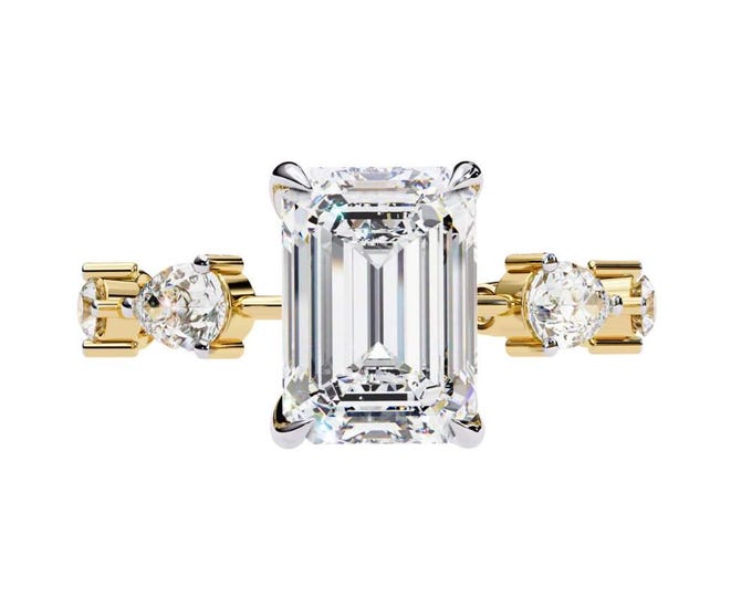 Solitaire Ring with Diamond Accent Band Emerald Cut Moissanite Engagement Ring in Gold Elegant Bridal Jewelry Unique Wedding Ring for Her
