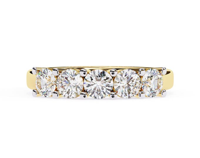 1.03 TCW Yellow Gold Quintet Diamond Wedding Band Five Stone Round Cut Anniversary Ring Heirloom Inspired Timeless Statement Piece for Women