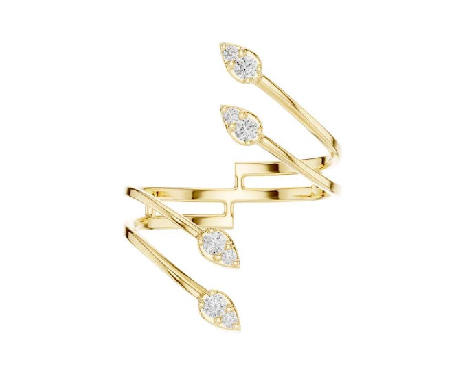 Elegant Round Moissanite Leaf Wrap Ring with Sparkling White Gemstones Modern Adjustable Nature Inspired Jewelry Minimalist Premium Ring