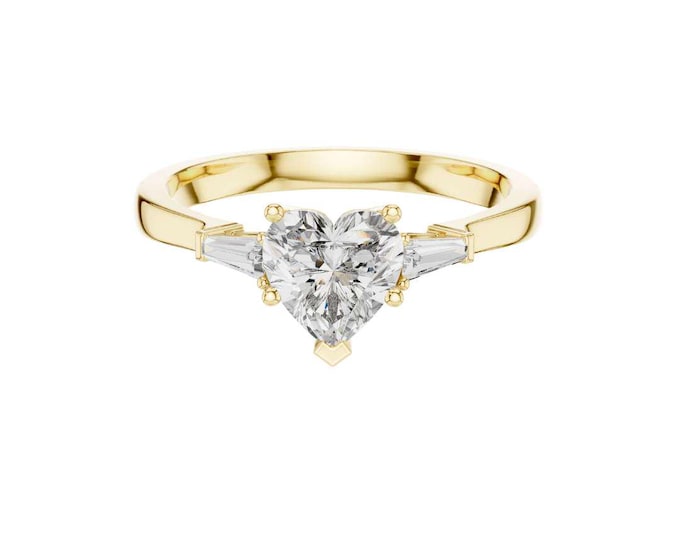 Heart Cut Moissanite Engagement Ring 14K Yellow Gold Three Stone Ring with Baguette Side Stones Vintage Inspired Bridal Ceremony Jewelry