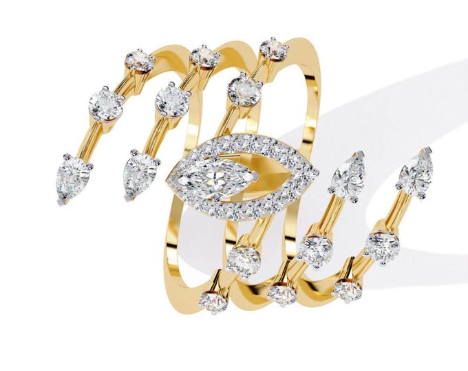 Statement Spiral Diamond Yellow Gold Ring Unique Multi Row Wrap Ring with Marquise and Pear Cut Diamonds Modern Cocktail Statement Jewelry