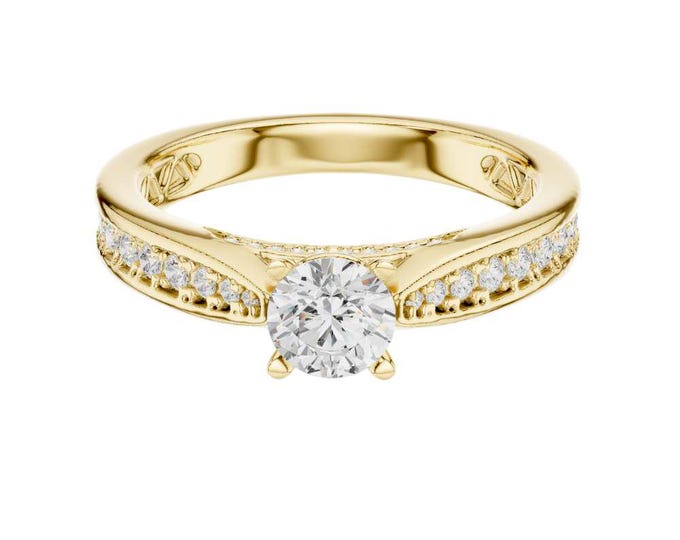 Dazzling Round Cut Solitaire Moissanite Diamond with Pave Band and Vintage Engraved Details Elegant Antique Inspired Anniversary Ring