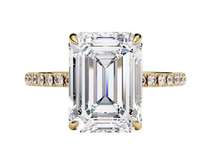 Emerald Cut Solitaire Ring with Moissanite Diamond in Yellow Gold Delicate Pave Band Elegant Bridal Ring Wedding Jewelry Gift for Women