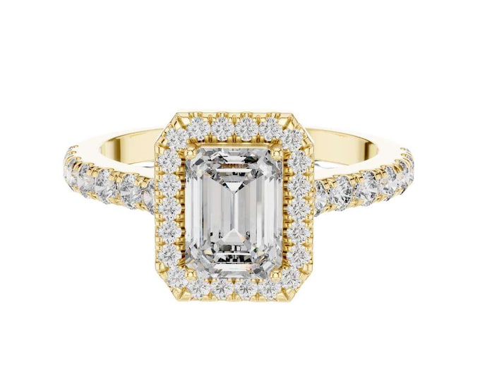 Brilliant Emerald Cut Moissanite Anniversary Ring Elegant Halo Ring with Diamond Accents Art Deco Inspired Bridal Ring Vintage Style Ring