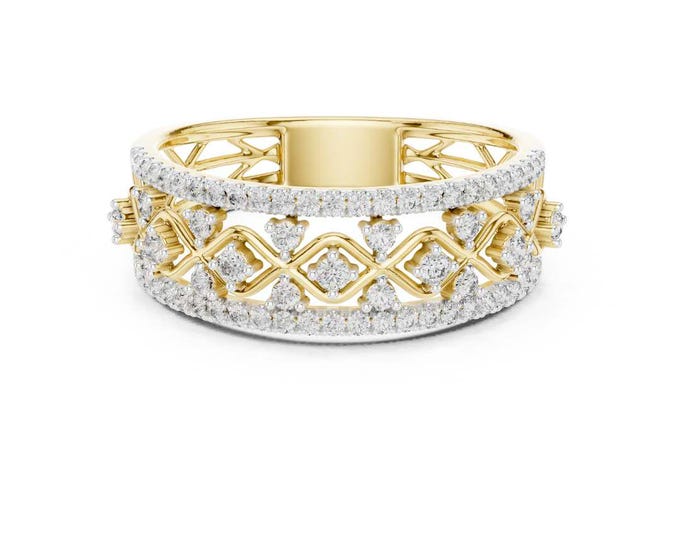 Wide Band Moissanite Ring Vintage Inspired Yellow Gold Statement Elegant Bridal Jewelry Timeless Anniversary Ring
