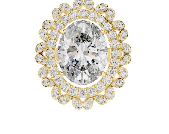 Luxury Oval-Cut Halo Diamond Cocktail Ring in 18K Yellow Gold Double Halo Cluster Setting with Brilliant Round Accents Statement  Ring