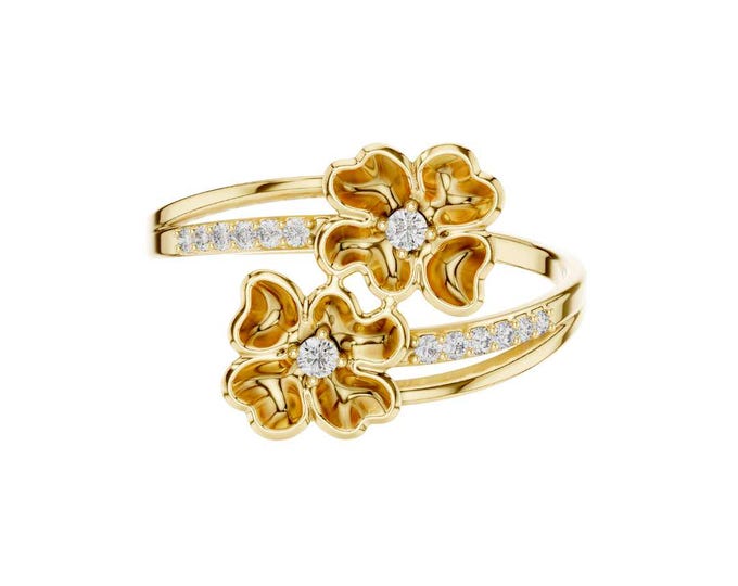 Flower Cuff Round Cut Moissanite Ring with Diamonds Adjustable Floral Ring Elegant Gold Jewelry Unique Gift for Her Statement Jewelry