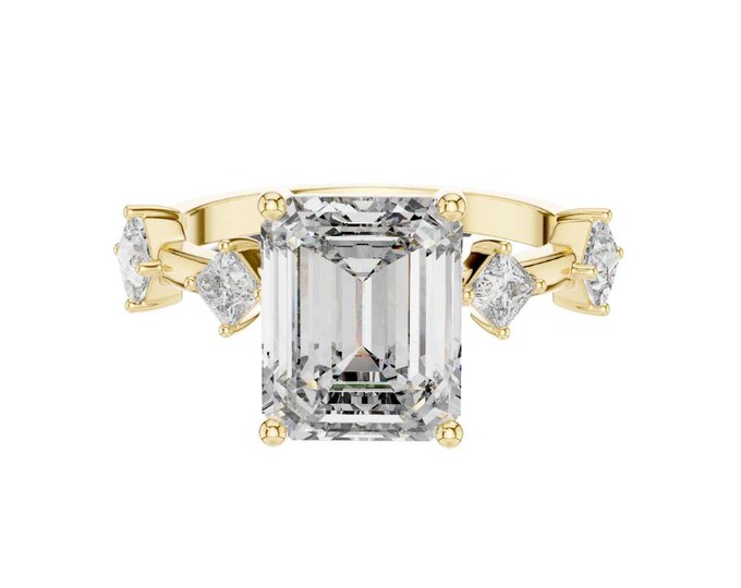 4.25 CT Emerald Cut Diamond Engagement Ring in Gold with Geometric Side Stones – Modern Vintage Statement Bridal Jewelry