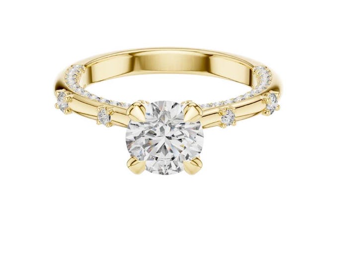 Classic Round Cut Solitaire Diamond Engagement Ring in Yellow Gold Elegant Four-Prong Setting with Side Accents Classic Bridal Jewelry