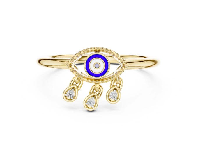 Evil Eye Moissanite Ring with Blue Enamel in Sterling Silver Spiritual Jewelry for Protection Good Luck or Special Occasion Gift