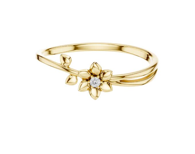 Round Cut Moissanite Flower Ring with Diamond Accent Dainty Floral Band Minimalist Nature Inspired Jewelry Elegant Promise Ring Gift for Her