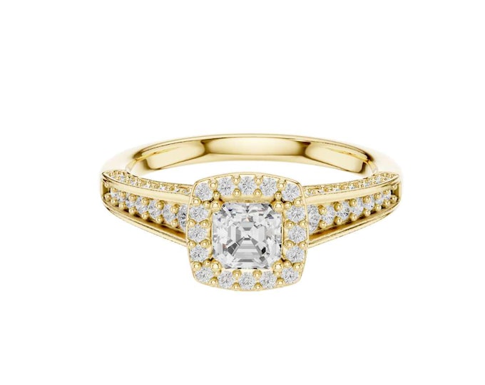 Emerald Cut Cushion Halo Diamond Engagement Ring in Yellow Gold Elegant Pave Split Shank Bridal Jewelry Wedding & Anniversary Gift