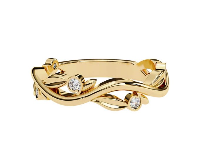 Gold Vine Twist Band with Round Moissanite Stones Nature Inspired Dainty Stacking Ring Elegant Sparkling Gold Jewelry Gift for Women