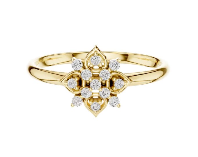 0.074 CT Gold Diamond Floral Ring Dainty Cluster Setting with Round Brilliant Cut Diamonds Lotus Inspired Vintage Ring Elegant Promise Gift