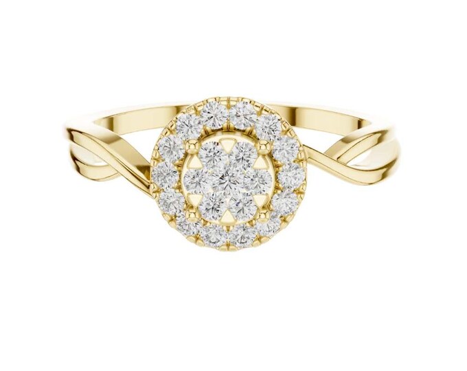 Twisted Band Round Halo Diamond Ring Gold Infinity Style Engagement Ring with Micro Pavé Setting  Elegant Bridal Promise Ring for Women