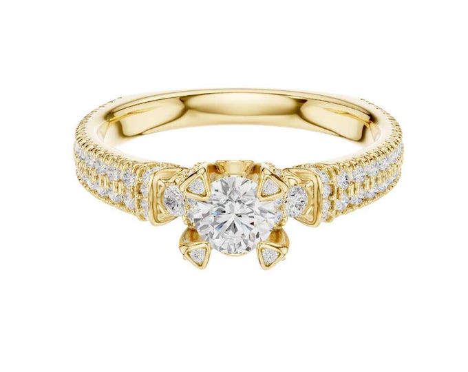 Vintage Round Cut Moissanite Anniversary Ring with Unique Diamond Accents and Pave Band 14K Yellow Gold Elegant Bridal Wedding Jewelry Gift