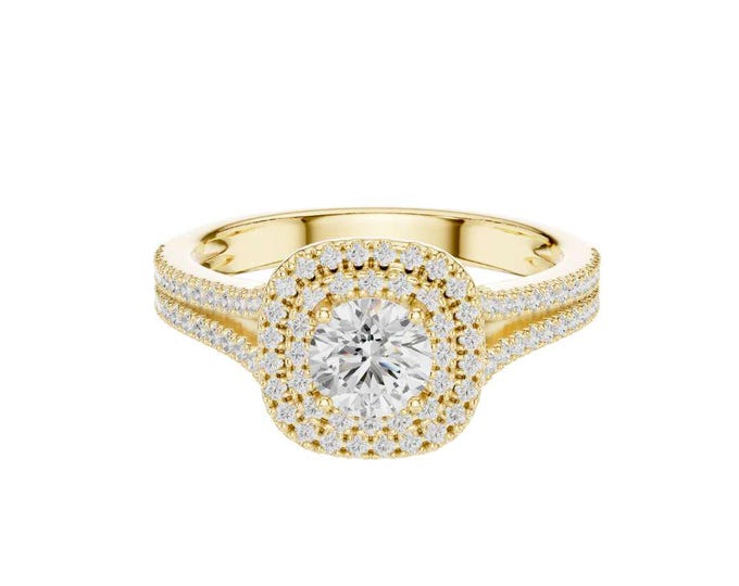 Double Halo Moissanite Engagement Ring: Round Cut Vintage Bridal Jewelry