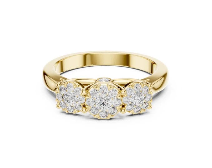 Three-Stone Moissanite Engagement Ring in Yellow Gold with Diamond Accented Band Elegant Bridal Jewelry for Anniversary Proposal